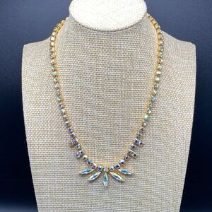 Unsigned Gold Tone Crystal Necklace Vintage Aurora Borealis Multi 16"